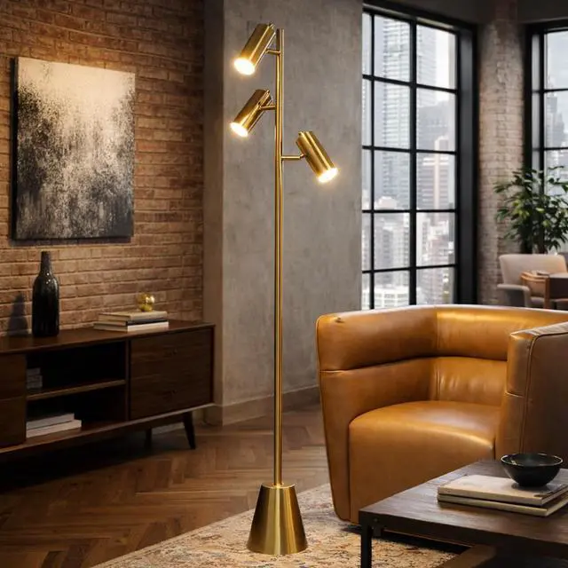 Alt view image 2 of 7 - Lumina Brassed Gold Floor Lamp with Rotary Switch Triple Spots Metal Cone Base