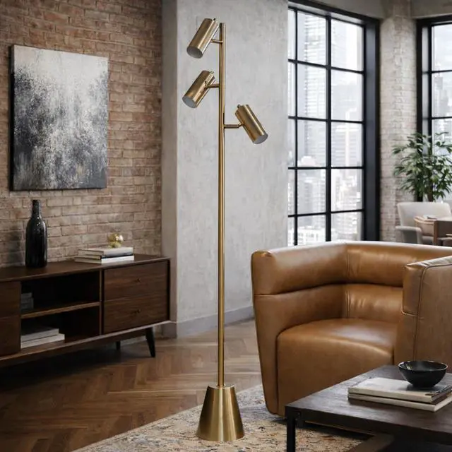 Alt view image 3 of 7 - Lumina Brassed Gold Floor Lamp with Rotary Switch Triple Spots Metal Cone Base