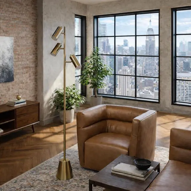 Alt view image 5 of 7 - Lumina Brassed Gold Floor Lamp with Rotary Switch Triple Spots Metal Cone Base