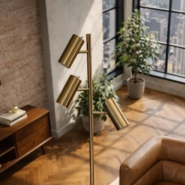 Alt view image 4 of 7 - Lumina Brassed Gold Floor Lamp with Rotary Switch Triple Spots Metal Cone Base