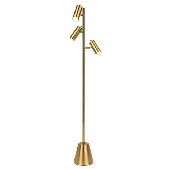 Alt view image 7 of 7 - Lumina Brassed Gold Floor Lamp with Rotary Switch Triple Spots Metal Cone Base