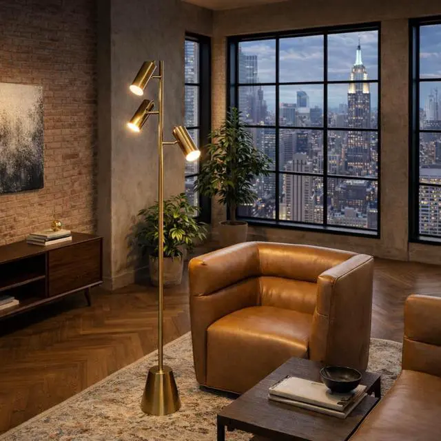 Main image of Lumina Brassed Gold Floor Lamp with Rotary Switch Triple Spots Metal Cone Base