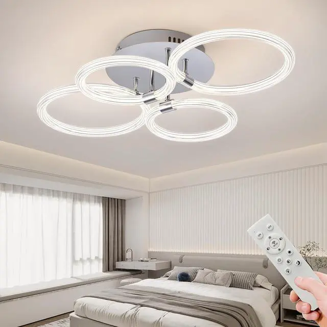 Alt view image 2 of 7 - Modern Led Ceiling Light, Flush Mount Ceiling Light with Dimmable Remote Control, 6Rings Acrylic Ceiling Light Fixture for Bedroom, Living Room, Kitchen, Office Lamps (4 Heads)
