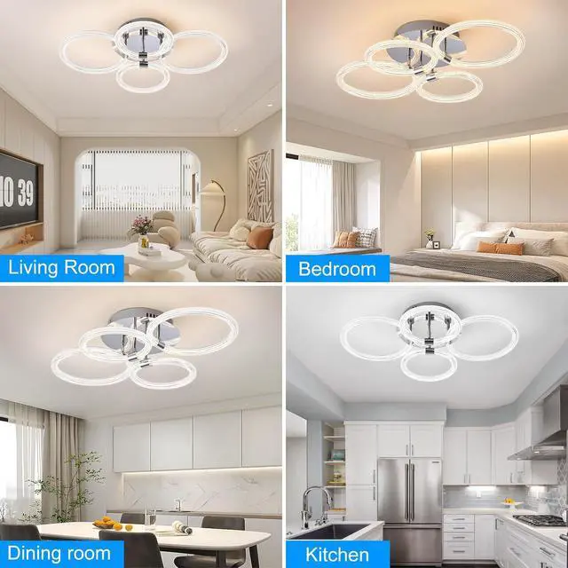 Alt view image 3 of 7 - Modern Led Ceiling Light, Flush Mount Ceiling Light with Dimmable Remote Control, 6Rings Acrylic Ceiling Light Fixture for Bedroom, Living Room, Kitchen, Office Lamps (4 Heads)