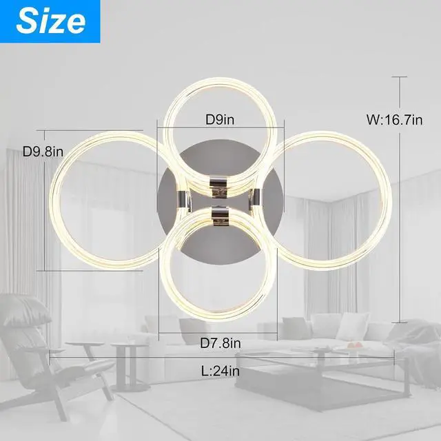 Alt view image 5 of 7 - Modern Led Ceiling Light, Flush Mount Ceiling Light with Dimmable Remote Control, 6Rings Acrylic Ceiling Light Fixture for Bedroom, Living Room, Kitchen, Office Lamps (4 Heads)