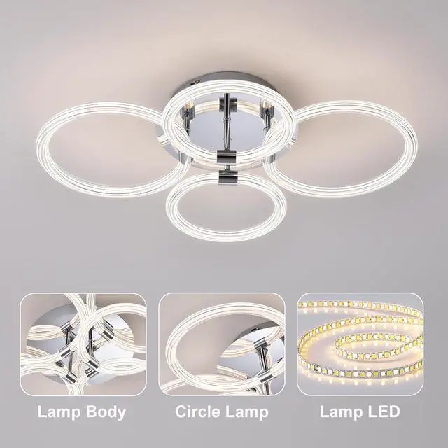 Alt view image 6 of 7 - Modern Led Ceiling Light, Flush Mount Ceiling Light with Dimmable Remote Control, 6Rings Acrylic Ceiling Light Fixture for Bedroom, Living Room, Kitchen, Office Lamps (4 Heads)