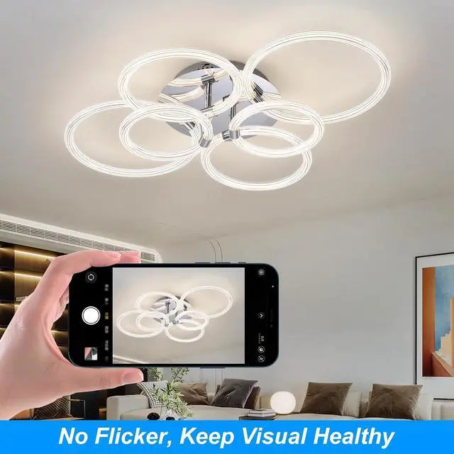 Alt view image 4 of 7 - Modern Led Ceiling Light, Flush Mount Ceiling Light with Dimmable Remote Control, 6Rings Acrylic Ceiling Light Fixture for Bedroom, Living Room, Kitchen, Office Lamps (6 Heads)