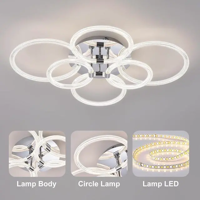 Alt view image 5 of 7 - Modern Led Ceiling Light, Flush Mount Ceiling Light with Dimmable Remote Control, 6Rings Acrylic Ceiling Light Fixture for Bedroom, Living Room, Kitchen, Office Lamps (6 Heads)