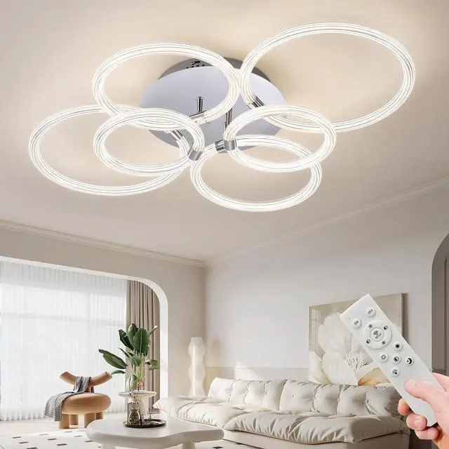 Alt view image 6 of 7 - Modern Led Ceiling Light, Flush Mount Ceiling Light with Dimmable Remote Control, 6Rings Acrylic Ceiling Light Fixture for Bedroom, Living Room, Kitchen, Office Lamps (6 Heads)