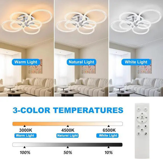 Alt view image 7 of 7 - Modern Led Ceiling Light, Flush Mount Ceiling Light with Dimmable Remote Control, 6Rings Acrylic Ceiling Light Fixture for Bedroom, Living Room, Kitchen, Office Lamps (6 Heads)