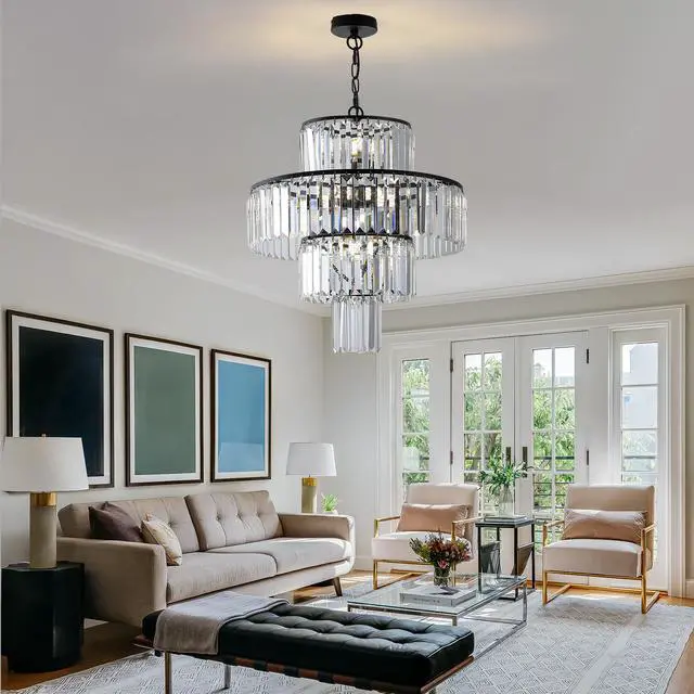 Alt view image 2 of 7 - 20" Modern Crystal Chandelier with Black Finish, 4-Tier Design for Dining Room Or Living Room, Elegant Crystal Pendant Light Fixture (Bulb Not included)