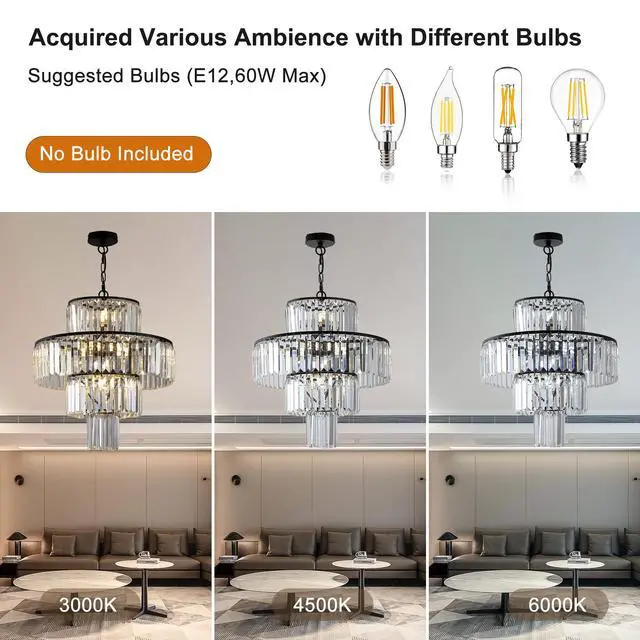 Alt view image 5 of 7 - 20" Modern Crystal Chandelier with Black Finish, 4-Tier Design for Dining Room Or Living Room, Elegant Crystal Pendant Light Fixture (Bulb Not included)