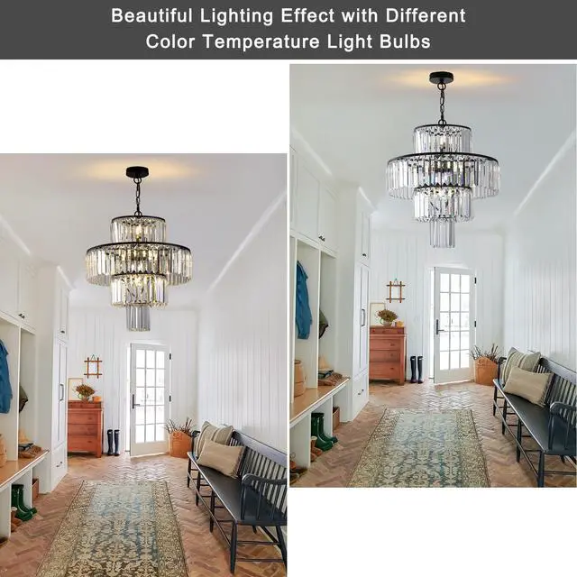 Alt view image 4 of 7 - 20" Modern Crystal Chandelier with Black Finish, 4-Tier Design for Dining Room Or Living Room, Elegant Crystal Pendant Light Fixture (Bulb Not included)