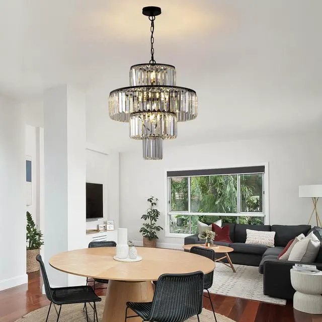 Main image of 20" Modern Crystal Chandelier with Black Finish, 4-Tier Design for Dining Room Or Living Room, Elegant Crystal Pendant Light Fixture (Bulb Not included)