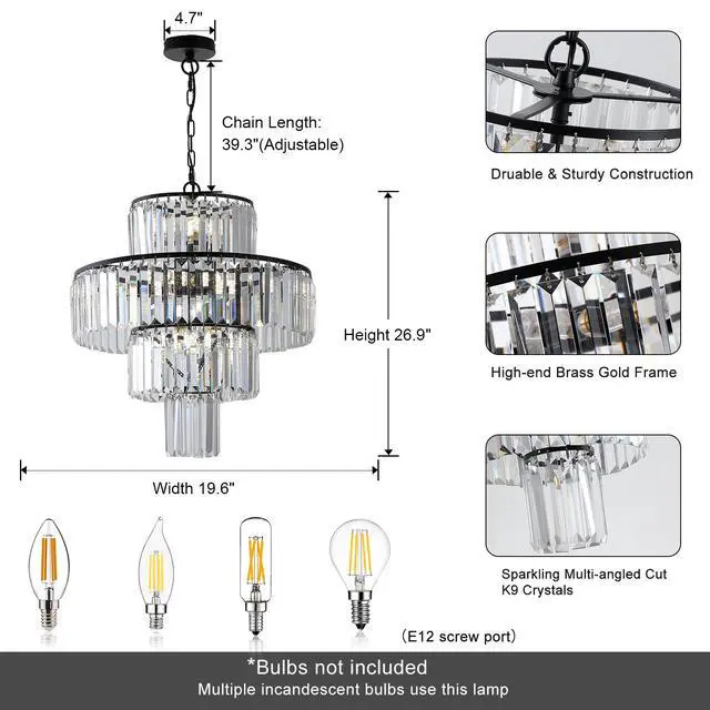 Alt view image 6 of 7 - 20" Modern Crystal Chandelier with Black Finish, 4-Tier Design for Dining Room Or Living Room, Elegant Crystal Pendant Light Fixture (Bulb Not included)