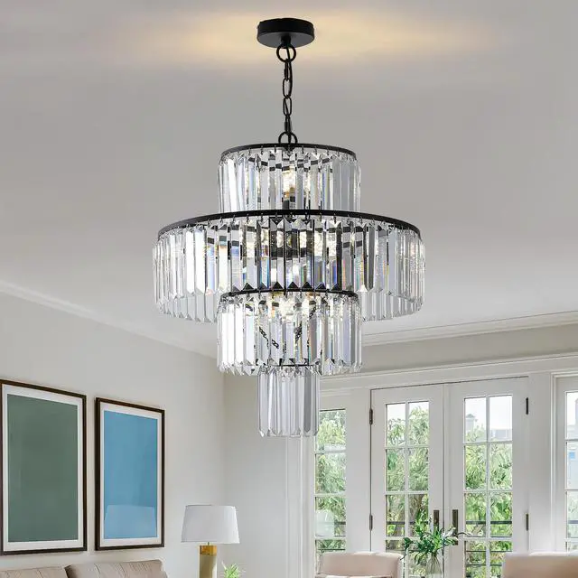 Alt view image 3 of 7 - 20" Modern Crystal Chandelier with Black Finish, 4-Tier Design for Dining Room Or Living Room, Elegant Crystal Pendant Light Fixture (Bulb Not included)