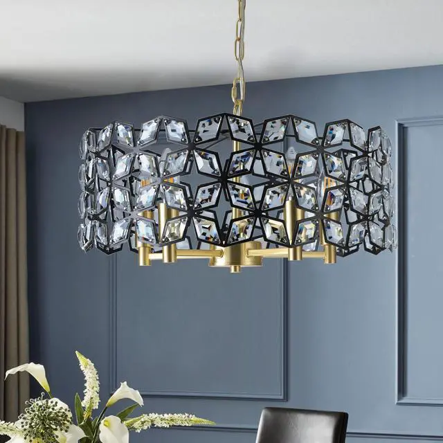 Alt view image 2 of 7 - 19" Geometric Crystal and Blackgold Round Pendant Chandelier Modern 5-Light Fixture for Dining Room, Living Room, Or Kitchen (Bulb Not included)