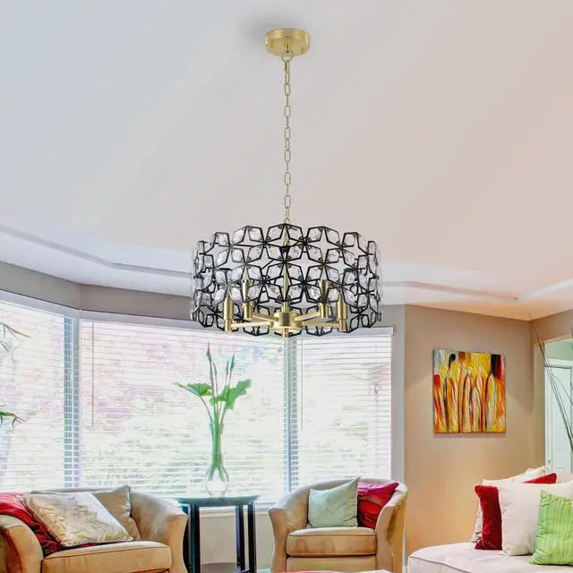 Main image of 19" Geometric Crystal and Blackgold Round Pendant Chandelier Modern 5-Light Fixture for Dining Room, Living Room, Or Kitchen (Bulb Not included)