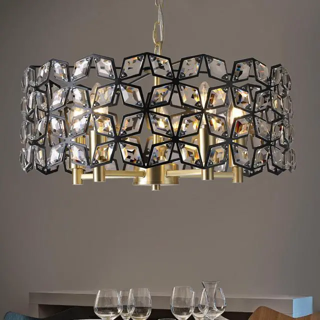 Alt view image 3 of 7 - 19" Geometric Crystal and Blackgold Round Pendant Chandelier Modern 5-Light Fixture for Dining Room, Living Room, Or Kitchen (Bulb Not included)