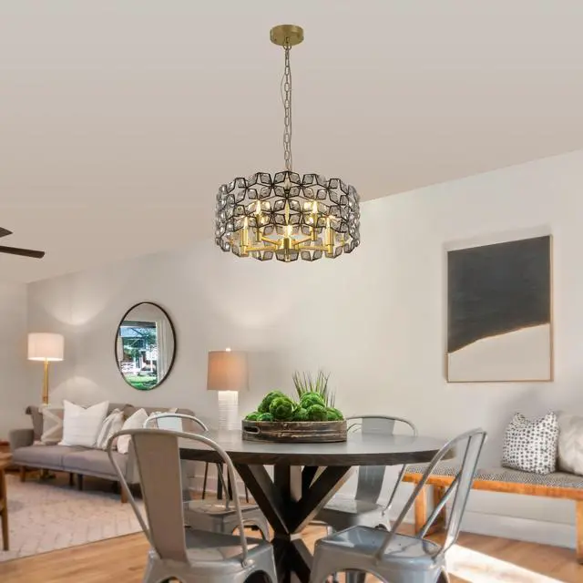 Alt view image 4 of 7 - 19" Geometric Crystal and Blackgold Round Pendant Chandelier Modern 5-Light Fixture for Dining Room, Living Room, Or Kitchen (Bulb Not included)