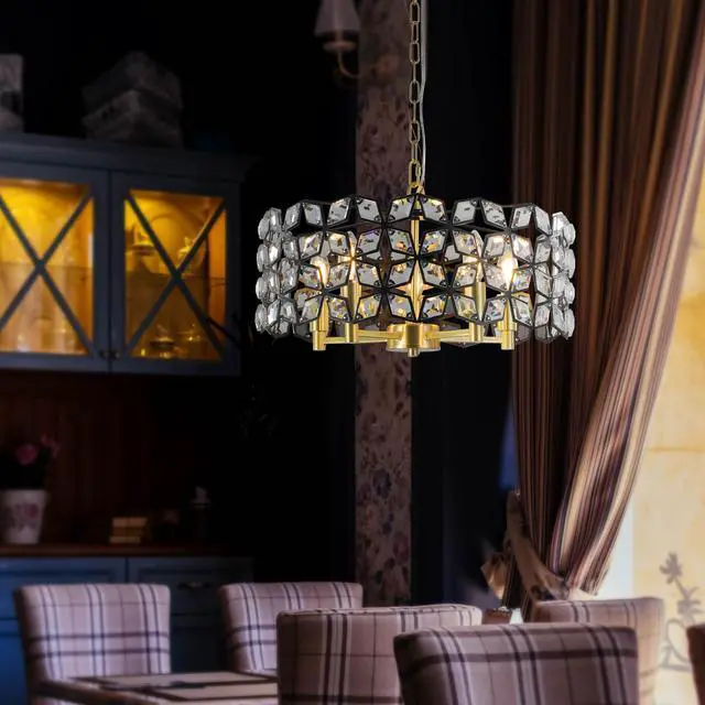 Alt view image 5 of 7 - 19" Geometric Crystal and Blackgold Round Pendant Chandelier Modern 5-Light Fixture for Dining Room, Living Room, Or Kitchen (Bulb Not included)