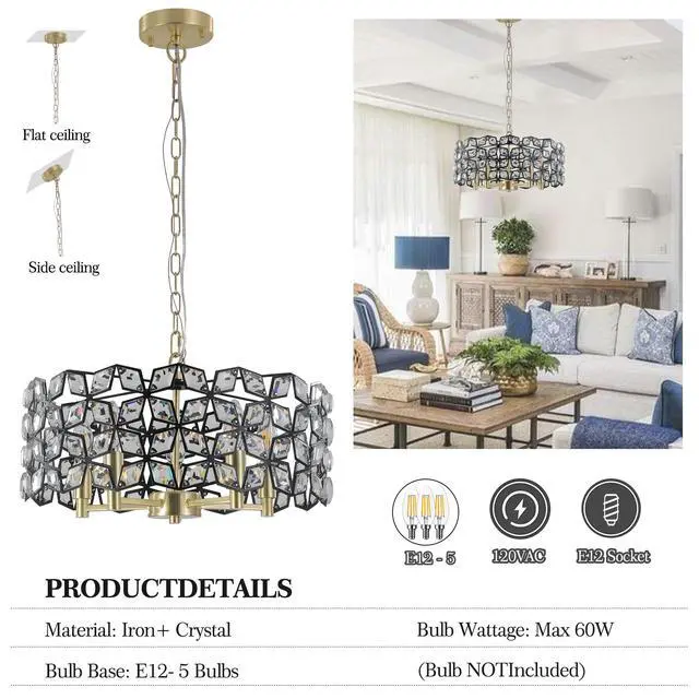 Alt view image 7 of 7 - 19" Geometric Crystal and Blackgold Round Pendant Chandelier Modern 5-Light Fixture for Dining Room, Living Room, Or Kitchen (Bulb Not included)
