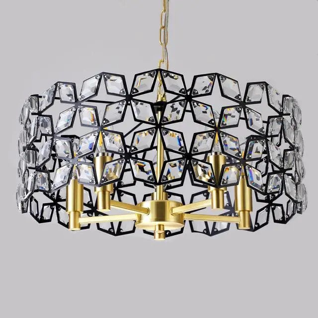 Alt view image 6 of 7 - 19" Geometric Crystal and Blackgold Round Pendant Chandelier Modern 5-Light Fixture for Dining Room, Living Room, Or Kitchen (Bulb Not included)