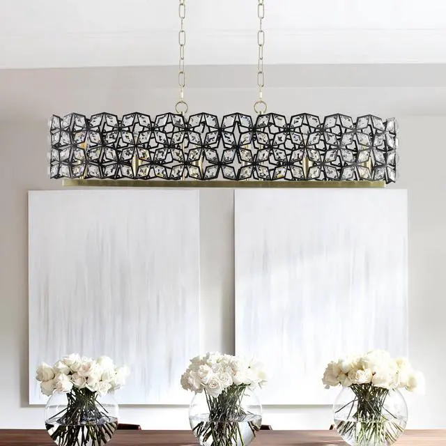 Alt view image 3 of 7 - 39" Contemporary Crystal and Blackgold Pendant Chandelier Geometric Modern Light Fixture for Dining Room, Kitchen, Or Living Room (Bulb Not included)