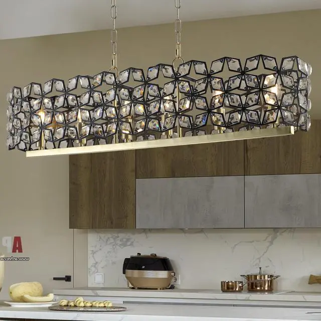 Alt view image 2 of 7 - 39" Contemporary Crystal and Blackgold Pendant Chandelier Geometric Modern Light Fixture for Dining Room, Kitchen, Or Living Room (Bulb Not included)