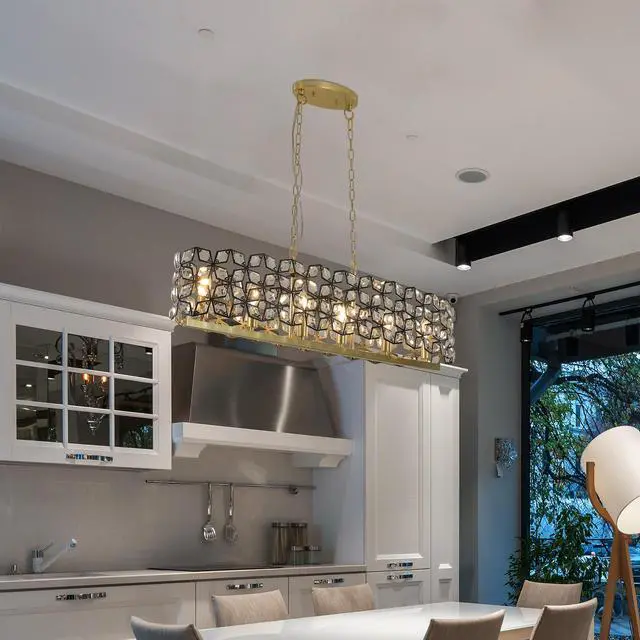 Alt view image 5 of 7 - 39" Contemporary Crystal and Blackgold Pendant Chandelier Geometric Modern Light Fixture for Dining Room, Kitchen, Or Living Room (Bulb Not included)