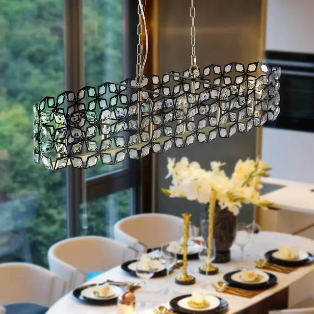 Alt view image 6 of 7 - 39" Contemporary Crystal and Blackgold Pendant Chandelier Geometric Modern Light Fixture for Dining Room, Kitchen, Or Living Room (Bulb Not included)