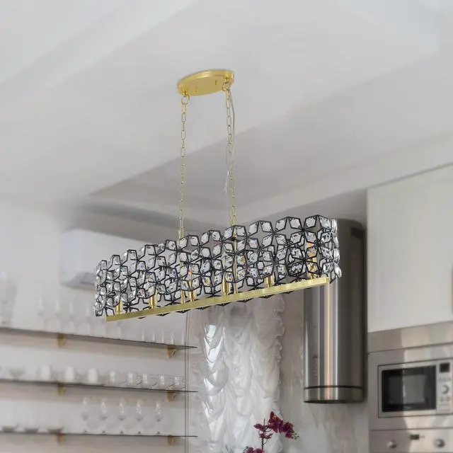 Alt view image 7 of 7 - 39" Contemporary Crystal and Blackgold Pendant Chandelier Geometric Modern Light Fixture for Dining Room, Kitchen, Or Living Room (Bulb Not included)