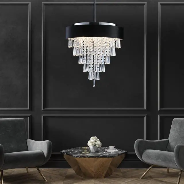 Main image of 18-inch Modern Crystal Chandelier with Black Imitation Velvet Anti-Glare Shade, Adjustable Height, 8-Light G9 Base for Dining Room, Living Room, Or Bedroom (Bulb Not included)