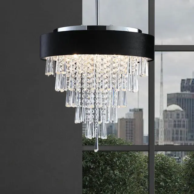 Alt view image 2 of 7 - 18-inch Modern Crystal Chandelier with Black Imitation Velvet Anti-Glare Shade, Adjustable Height, 8-Light G9 Base for Dining Room, Living Room, Or Bedroom (Bulb Not included)