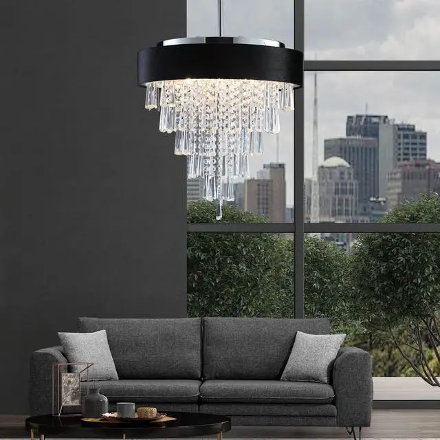 Alt view image 4 of 7 - 18-inch Modern Crystal Chandelier with Black Imitation Velvet Anti-Glare Shade, Adjustable Height, 8-Light G9 Base for Dining Room, Living Room, Or Bedroom (Bulb Not included)