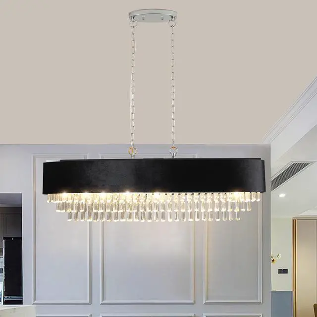 Alt view image 2 of 7 - 39" Modern Crystal Chandelier with Black Imitation Velvet Anti-Glare Shade, Adjustable Height, 8-Light G9 Base for Dining Room, Living Room, Or Bedroom (Bulb Not included)