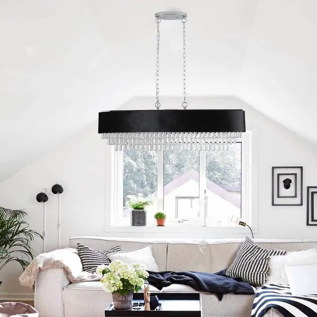 Alt view image 4 of 7 - 39" Modern Crystal Chandelier with Black Imitation Velvet Anti-Glare Shade, Adjustable Height, 8-Light G9 Base for Dining Room, Living Room, Or Bedroom (Bulb Not included)