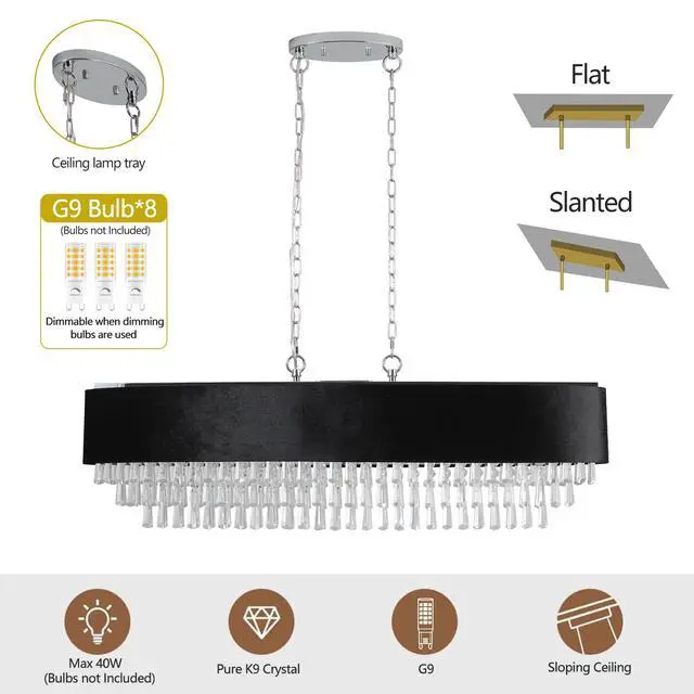 Alt view image 6 of 7 - 39" Modern Crystal Chandelier with Black Imitation Velvet Anti-Glare Shade, Adjustable Height, 8-Light G9 Base for Dining Room, Living Room, Or Bedroom (Bulb Not included)