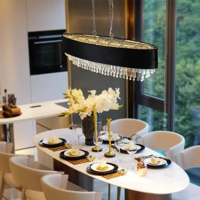 Alt view image 3 of 7 - 39" Modern Crystal Chandelier with Black Imitation Velvet Anti-Glare Shade, Adjustable Height, 8-Light G9 Base for Dining Room, Living Room, Or Bedroom (Bulb Not included)