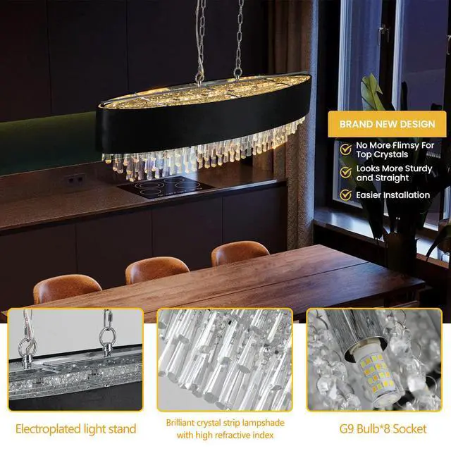 Alt view image 5 of 7 - 39" Modern Crystal Chandelier with Black Imitation Velvet Anti-Glare Shade, Adjustable Height, 8-Light G9 Base for Dining Room, Living Room, Or Bedroom (Bulb Not included)