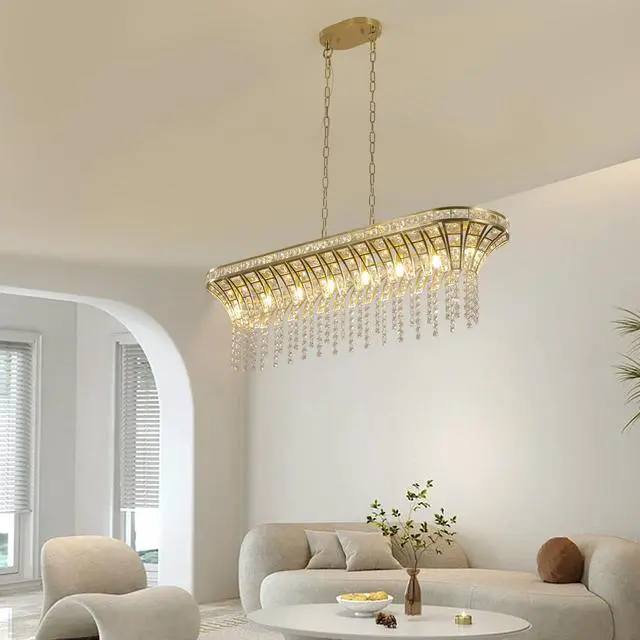 Alt view image 3 of 7 - 39" Modern Crystal Linear Rectangle Chandelier with Gold Finish, Elegant Pendant Light with Cascading Beads, for Dining Room, Living Room, Or Foyer (Bulb Not included)