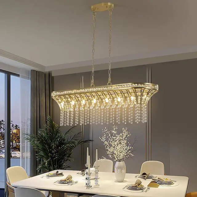 Alt view image 4 of 7 - 39" Modern Crystal Linear Rectangle Chandelier with Gold Finish, Elegant Pendant Light with Cascading Beads, for Dining Room, Living Room, Or Foyer (Bulb Not included)