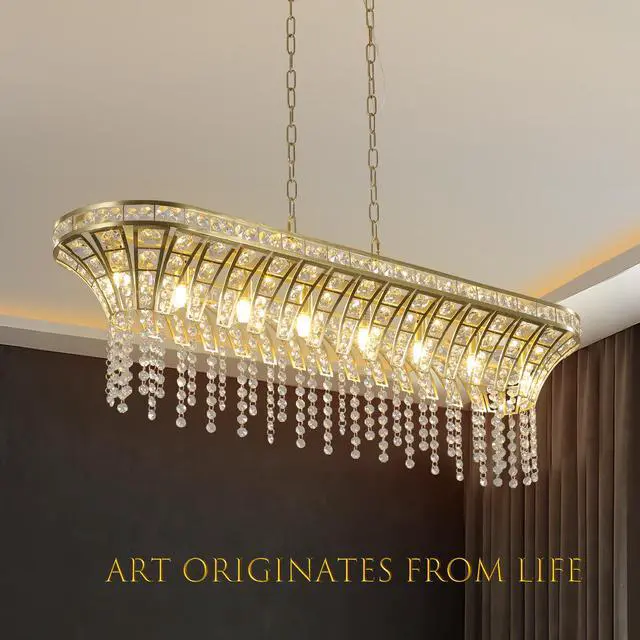 Alt view image 5 of 7 - 39" Modern Crystal Linear Rectangle Chandelier with Gold Finish, Elegant Pendant Light with Cascading Beads, for Dining Room, Living Room, Or Foyer (Bulb Not included)