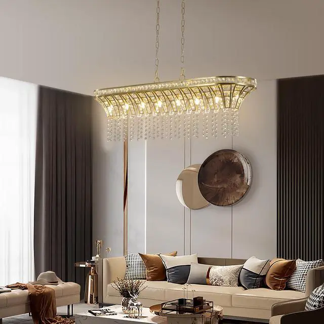 Alt view image 2 of 7 - 39" Modern Crystal Linear Rectangle Chandelier with Gold Finish, Elegant Pendant Light with Cascading Beads, for Dining Room, Living Room, Or Foyer (Bulb Not included)