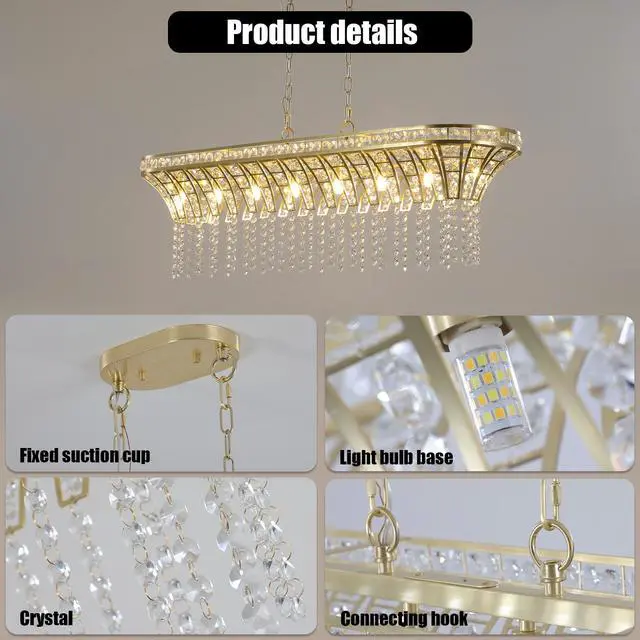 Alt view image 7 of 7 - 39" Modern Crystal Linear Rectangle Chandelier with Gold Finish, Elegant Pendant Light with Cascading Beads, for Dining Room, Living Room, Or Foyer (Bulb Not included)