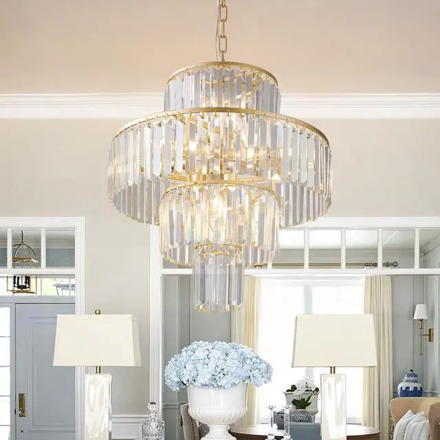 Alt view image 2 of 7 - 20" Luxury 4-Tier Crystal Chandelier, 12-Light Gold Frame Pendant Light, Elegant Ceiling Lighting for Living Room, Dining Room, Bedroom (No Bulbs)