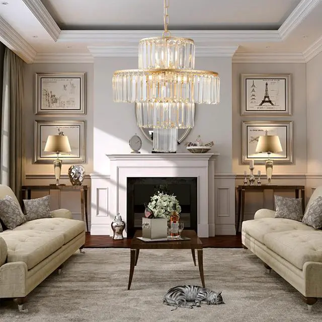 Alt view image 3 of 7 - 20" Luxury 4-Tier Crystal Chandelier, 12-Light Gold Frame Pendant Light, Elegant Ceiling Lighting for Living Room, Dining Room, Bedroom (No Bulbs)
