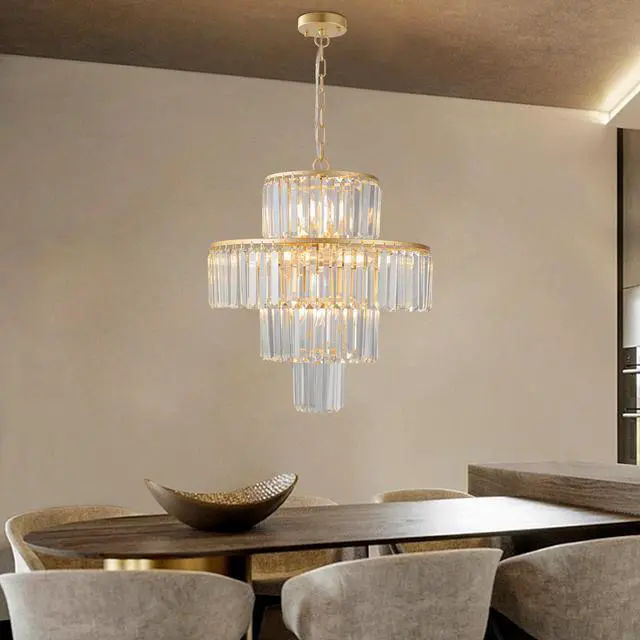 Alt view image 4 of 7 - 20" Luxury 4-Tier Crystal Chandelier, 12-Light Gold Frame Pendant Light, Elegant Ceiling Lighting for Living Room, Dining Room, Bedroom (No Bulbs)