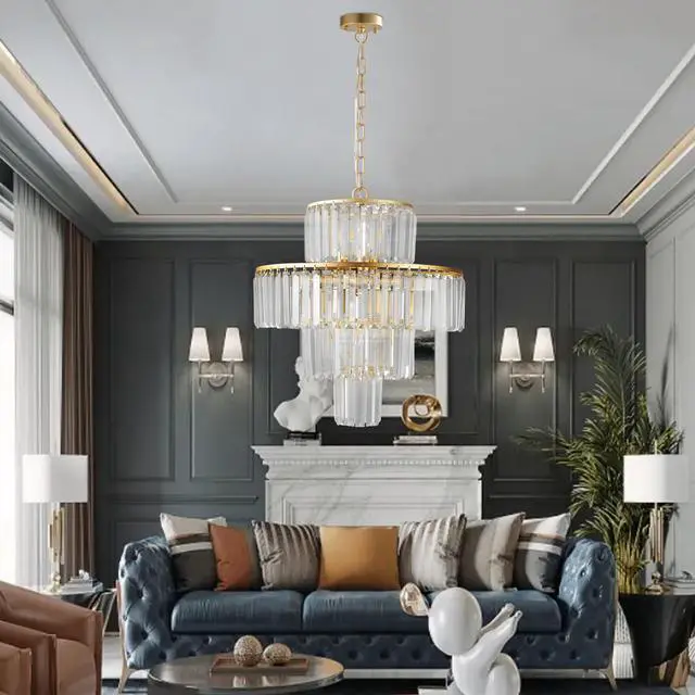 Alt view image 6 of 7 - 20" Luxury 4-Tier Crystal Chandelier, 12-Light Gold Frame Pendant Light, Elegant Ceiling Lighting for Living Room, Dining Room, Bedroom (No Bulbs)