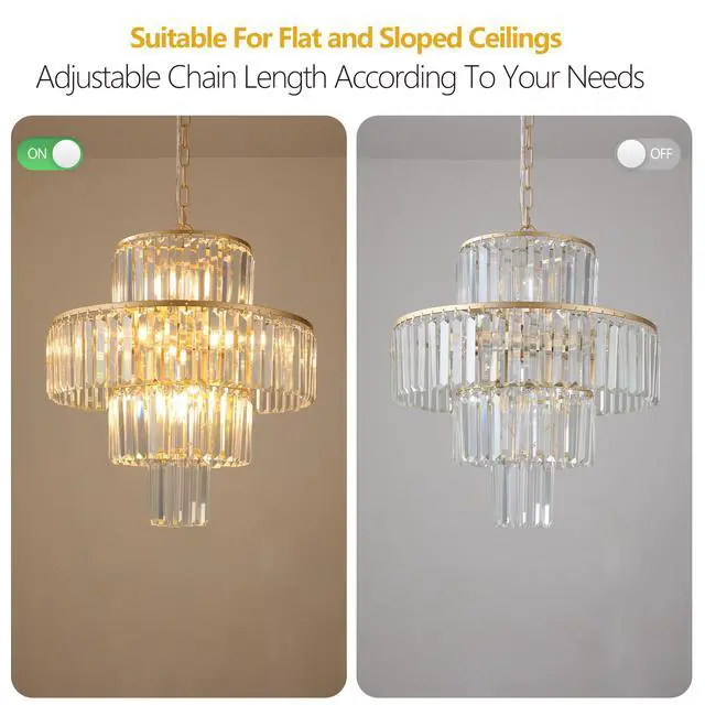 Alt view image 7 of 7 - 20" Luxury 4-Tier Crystal Chandelier, 12-Light Gold Frame Pendant Light, Elegant Ceiling Lighting for Living Room, Dining Room, Bedroom (No Bulbs)